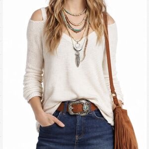 Free People Waffle Knit Cold Shoulder Sweater Distressed Ivory Pullover Small